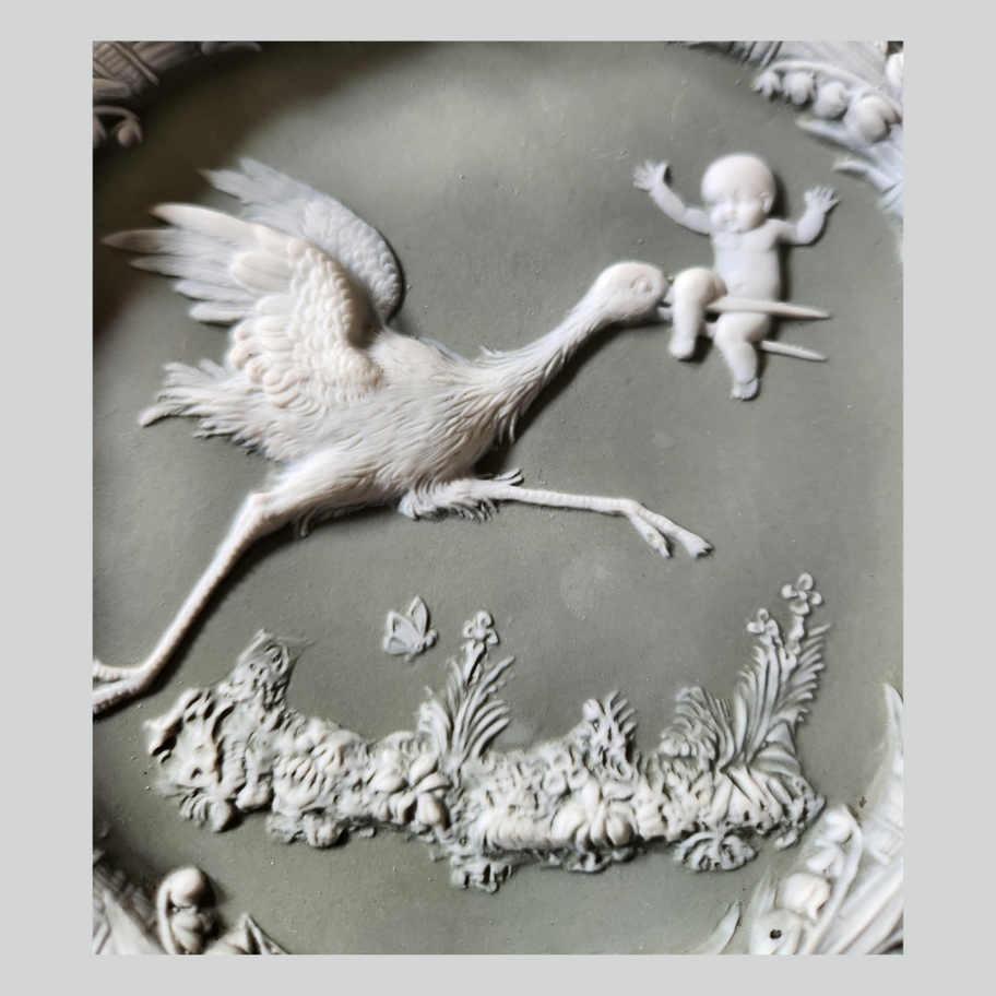 Vintage Jasperware-Style Wall Plaque Stork Carrying Baby Continental European