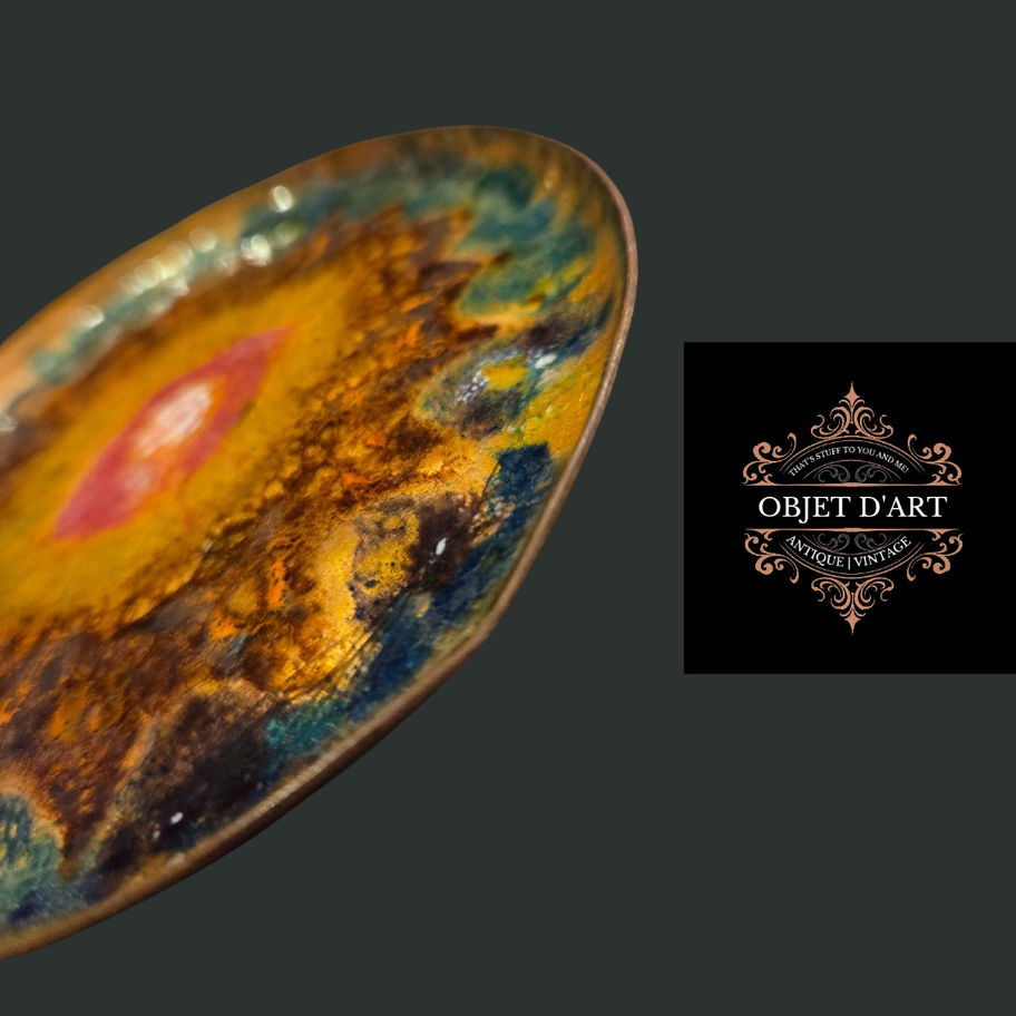 Vintage Enamel on Copper Trinket Dish | Mid-Century Abstract Design