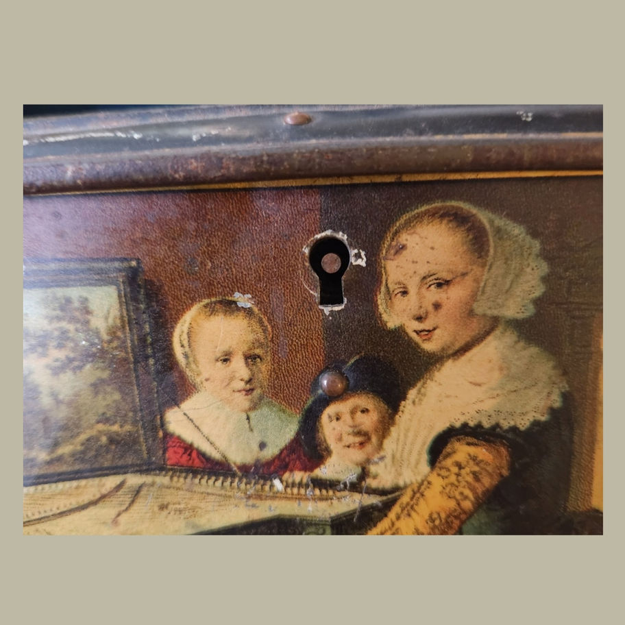 Antique Lithographed Tin Box with Dutch Golden Age Musical Scenes with key