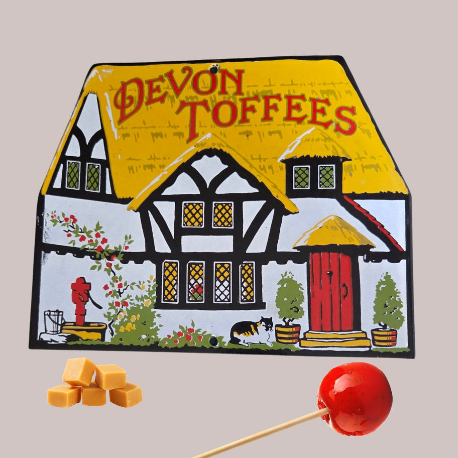 Vintage Devon Toffees Porcelain Enamel Advertising Sign – Dodo Designs c.1980s