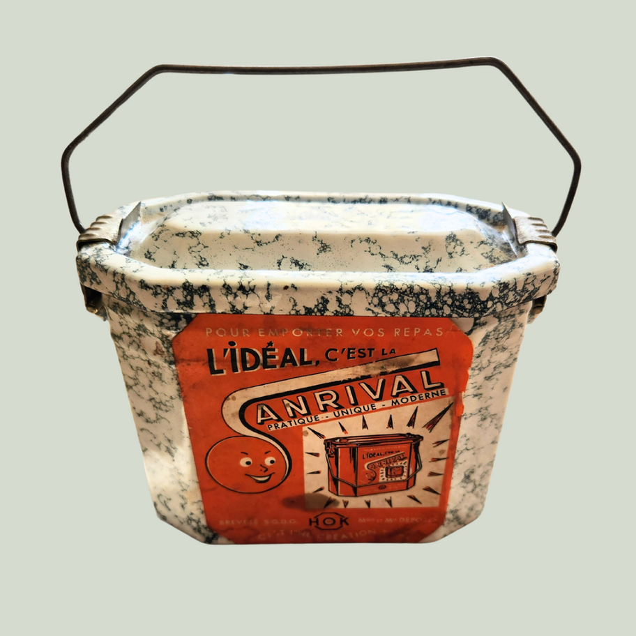 Vintage French Carnival L'Ideal Enamel Granite Tin Lunchbox with Lid