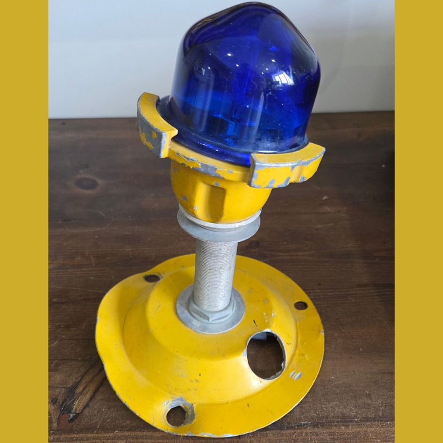 Vintage Salvaged Airfield Taxiway Edge Light with Blue Glass Dome