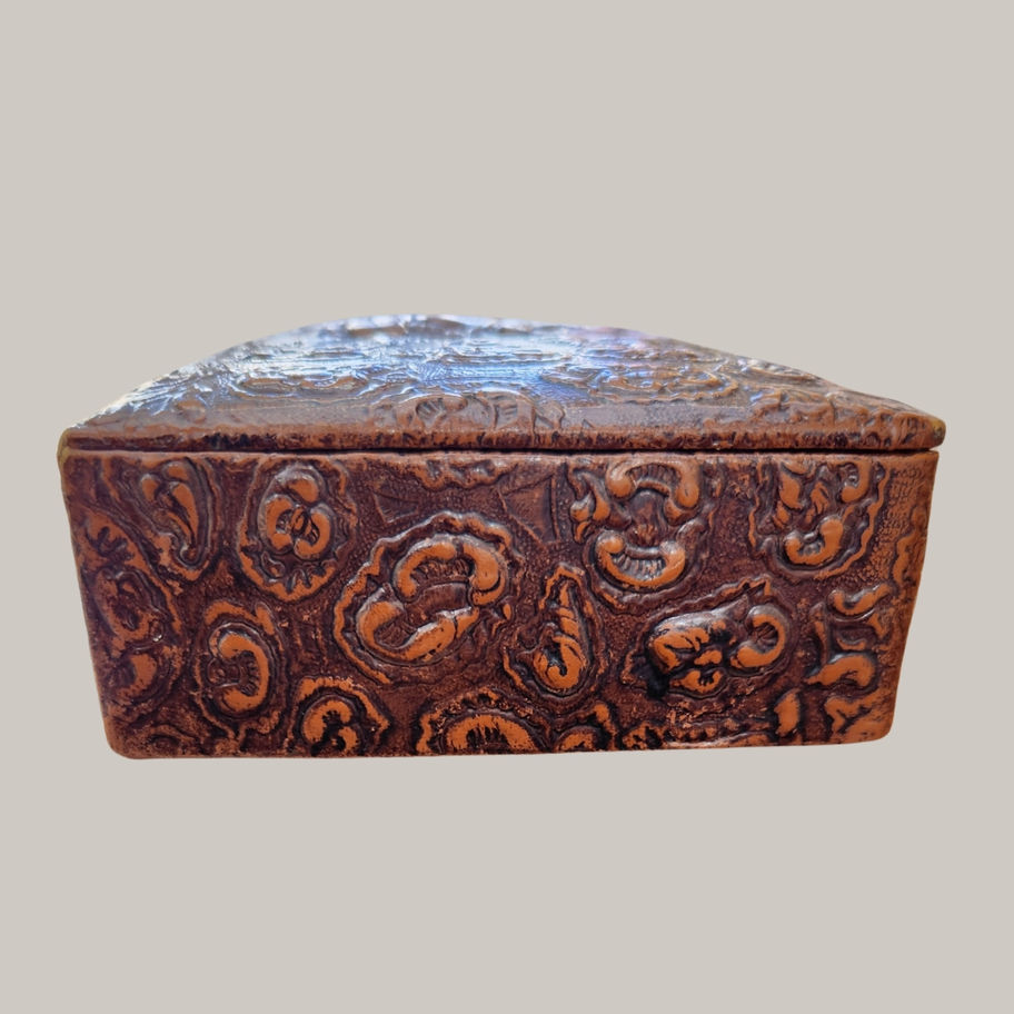 Vintage Tooled Leather Jewellery Box with Portrait of Don Quixote Late 19th cent
