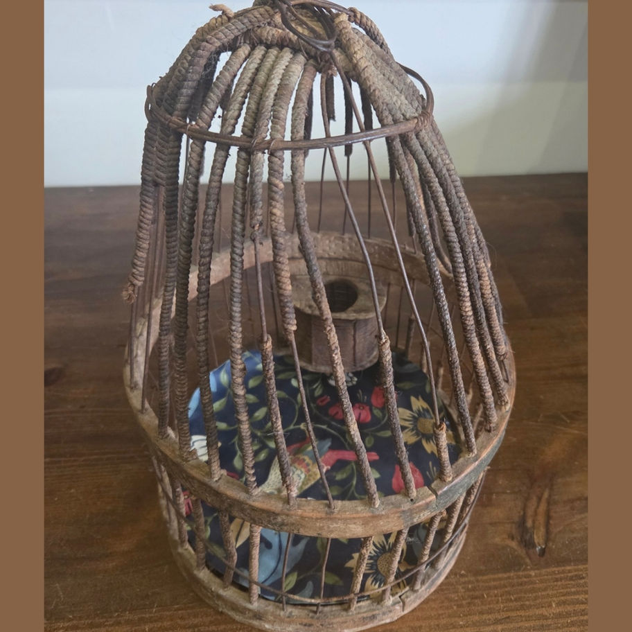 Handmade Folk Art Bird Cage – Rustic Wood, Wire & Rope Decorative Songbird Cage