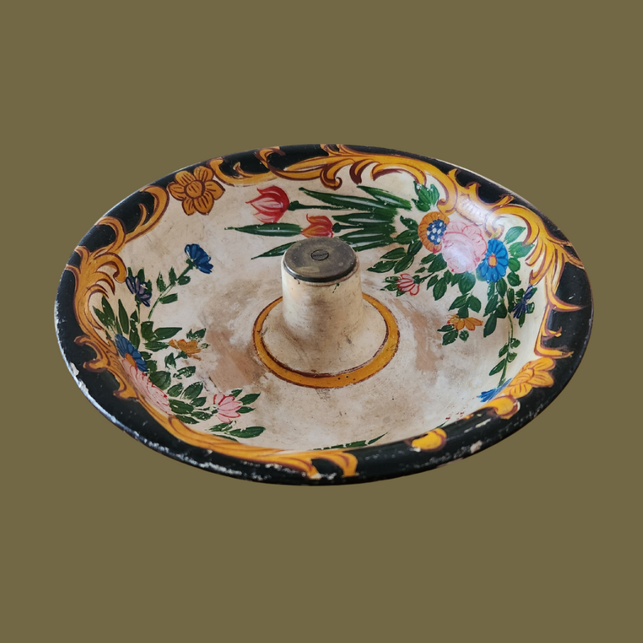 Vintage Hand-Painted Japanese Wooden Spinning Bowl 1940s-1950s
