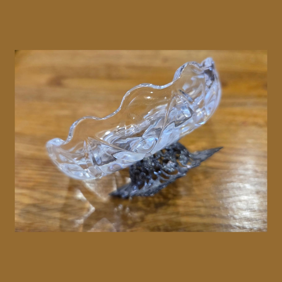 Vintage Cut Glass Trinket Dish with Ornate Filigree Metal Mount – Mid-Century