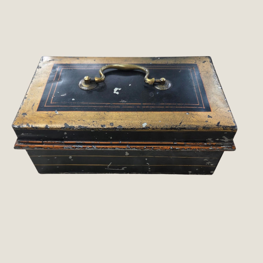 Antique Japanned Metal Cash Box c.1900 | Black & Gold Shopkeeper’s Money Tin