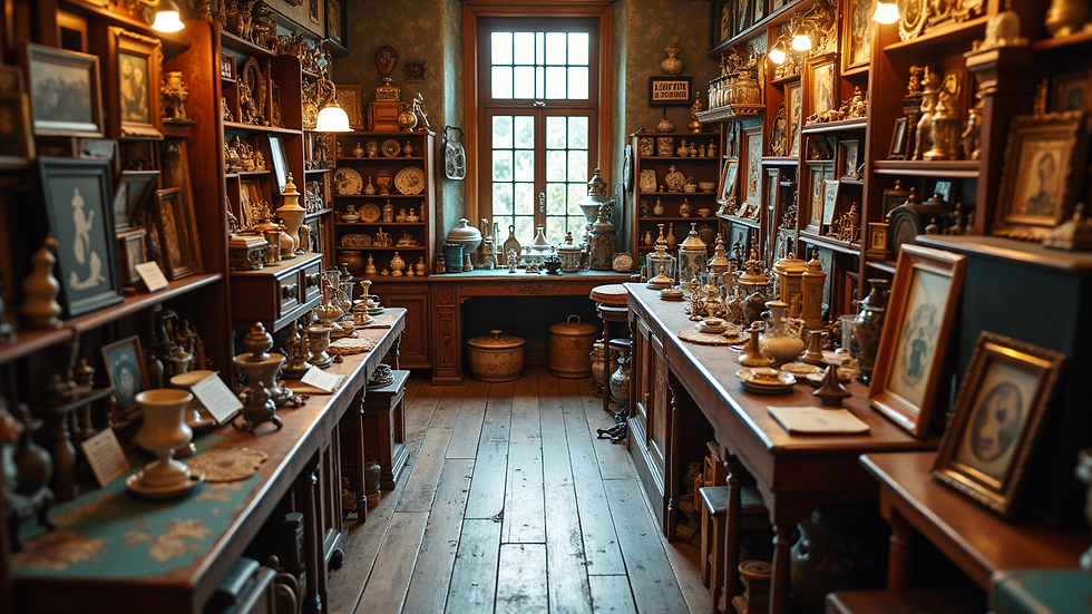 High angle view of an antique shop with various vintage items on display