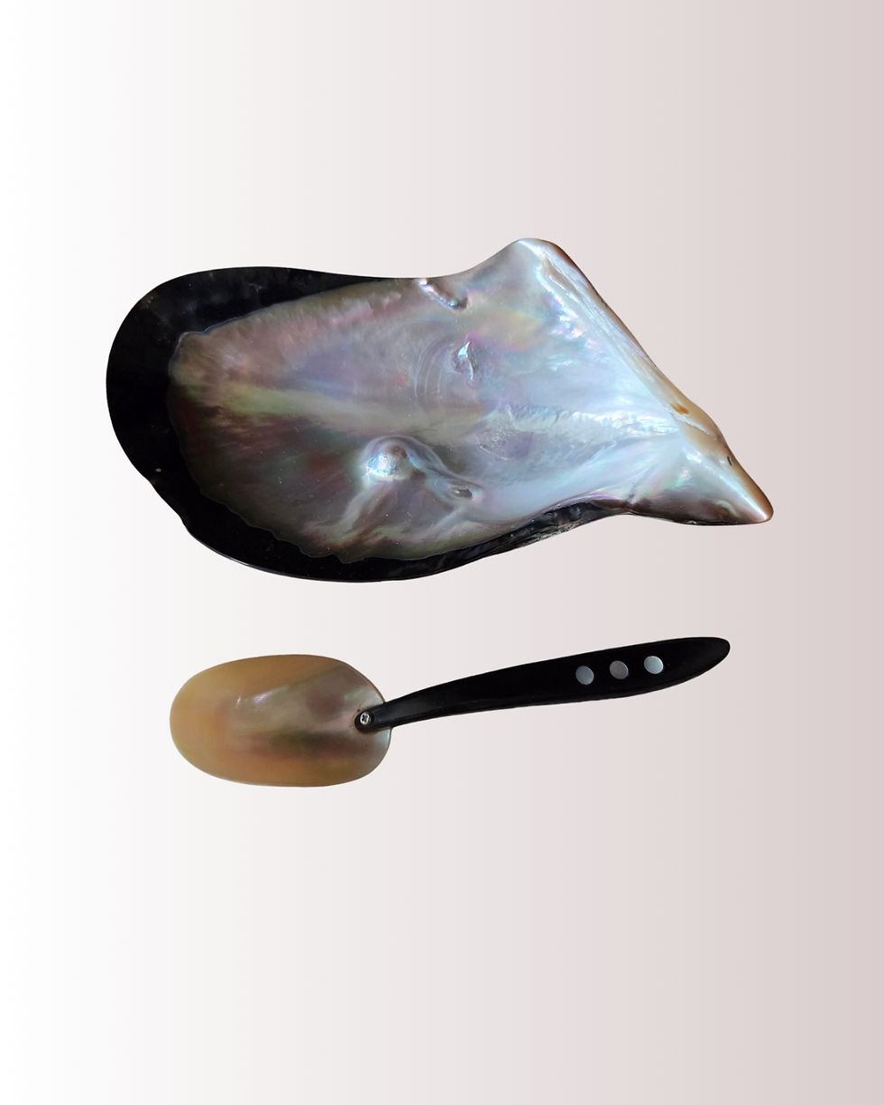 Vintage Mother-of-Pearl Shell Bowl with Spoon – Natural Nacre Condiment Trinket
