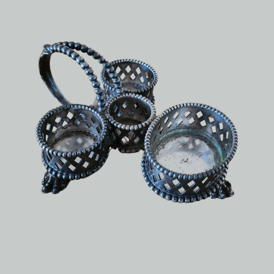 Antique Silver Plated Condiment Holder Elegant Victorian Openwork Design