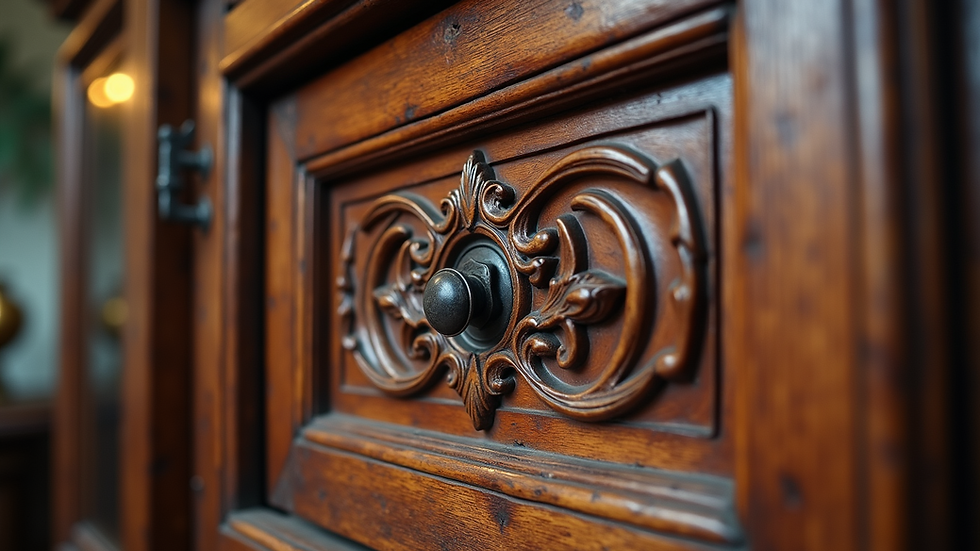 Eye-level view of an antique wooden cabinet with intricate carvings
