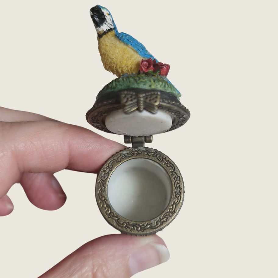 Vintage Parrot Trinket Box Hand-Painted Resin with Porcelain Interior