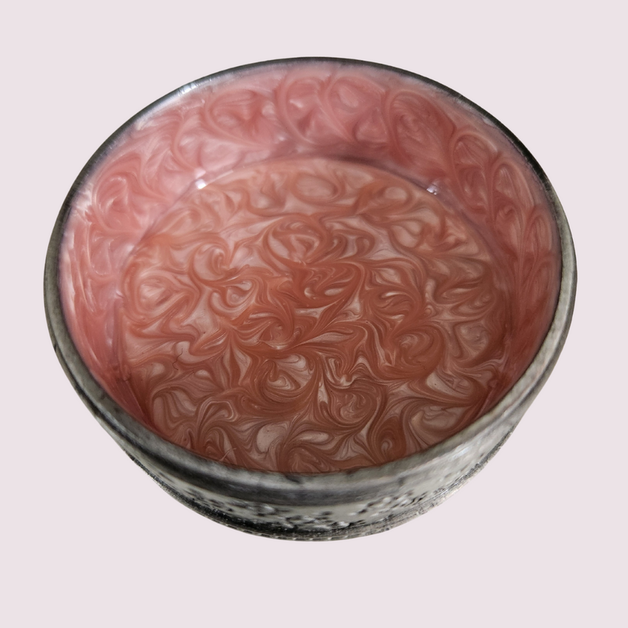 Vintage Metal Trinket or Powder Box with Pink Enamel Marbled Interior
