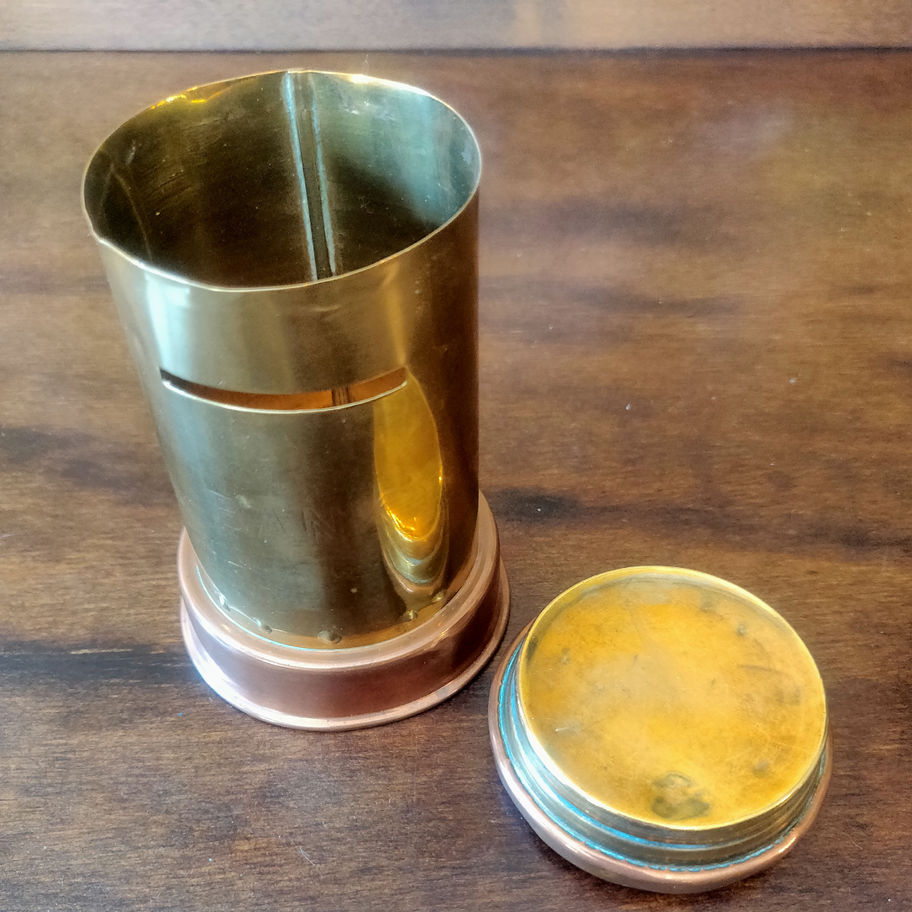 Vintage trench art style copper and brass hand made money box post box