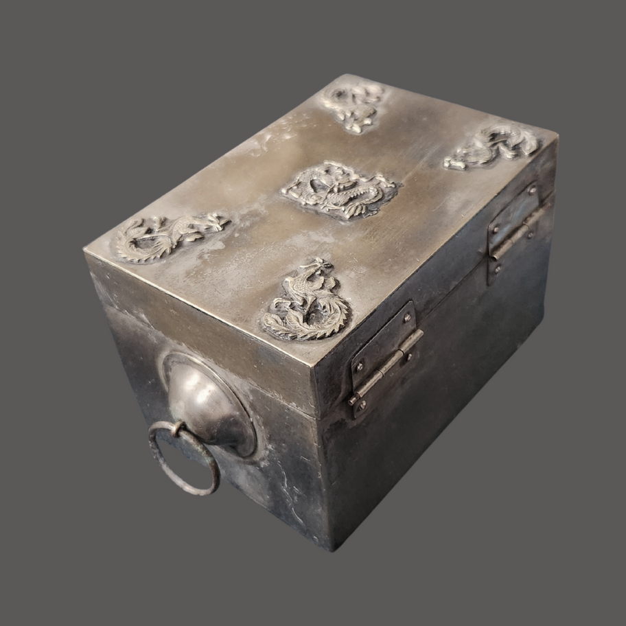 Vintage Chinese Style Silvered Metal Dragon Trinket Box