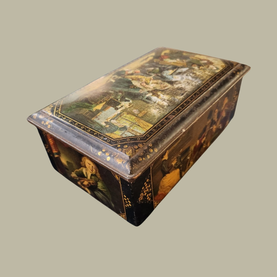 Antique Lithographed Tin Box with Dutch Golden Age Musical Scenes with key