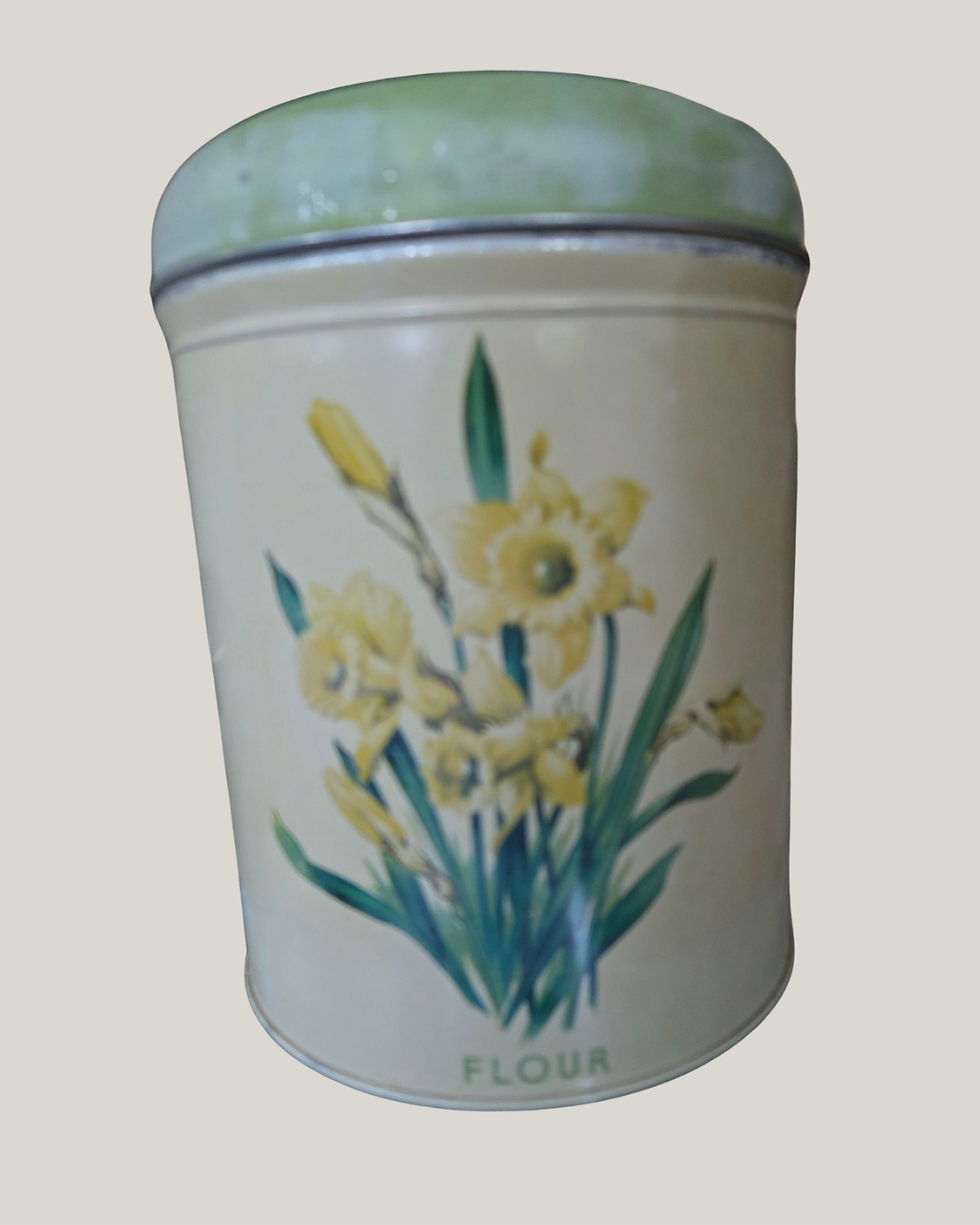 Vintage Daffodil Flour Tin – Mid Century Floral Kitchen Canister with Green Lid
