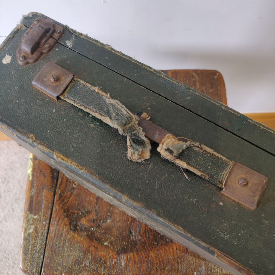 Antique early 20th century oak and leather bound shagreen box with handle