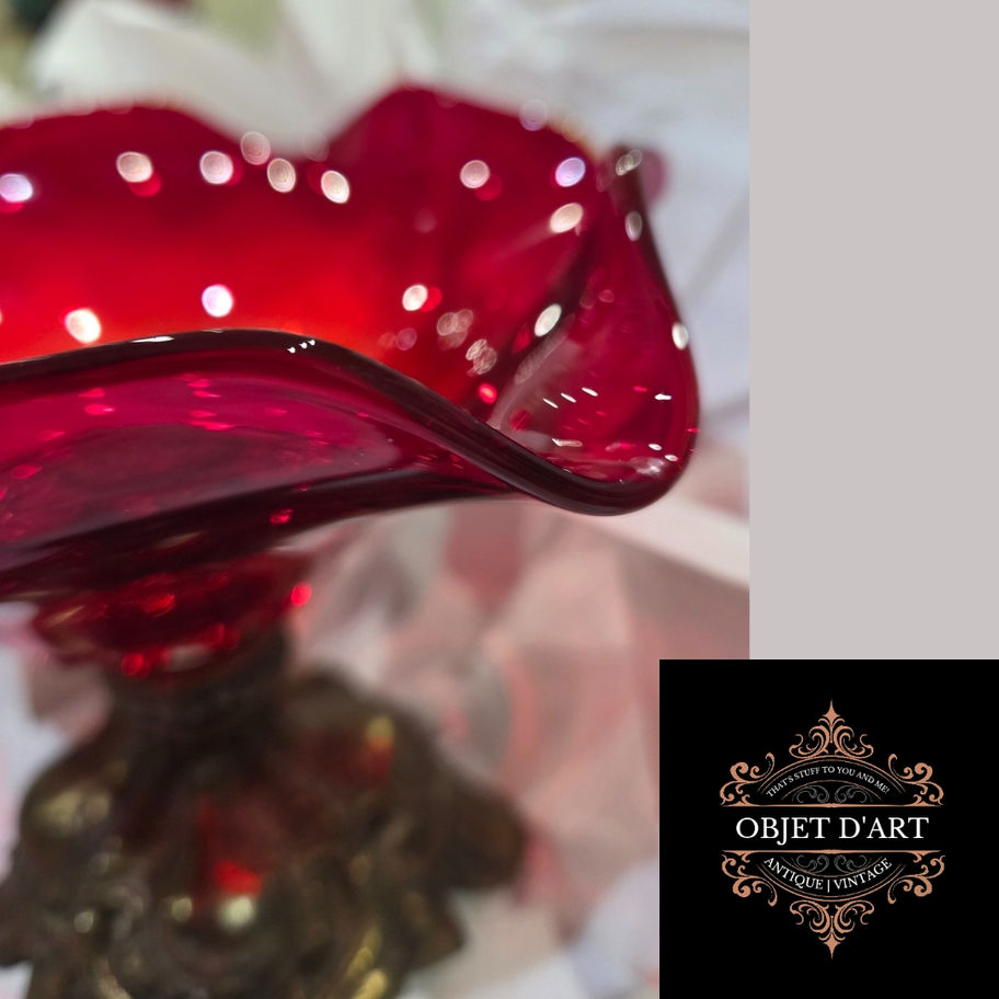 Antique Victorian or Edwardian Ruby Red Art Glass Comport with Ornate Metal Base