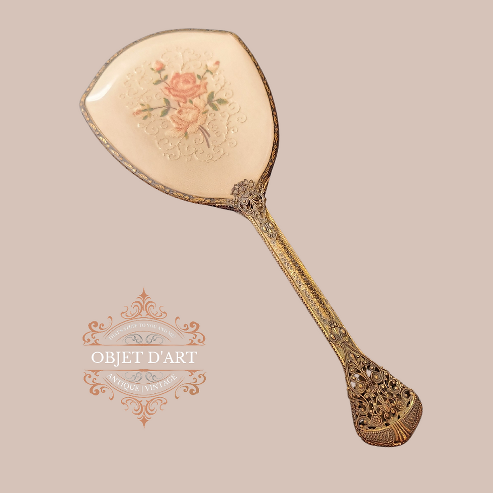 Vintage Ornate Brass Hand Mirror with Tapestry Back Floral Embroidery & Filigree