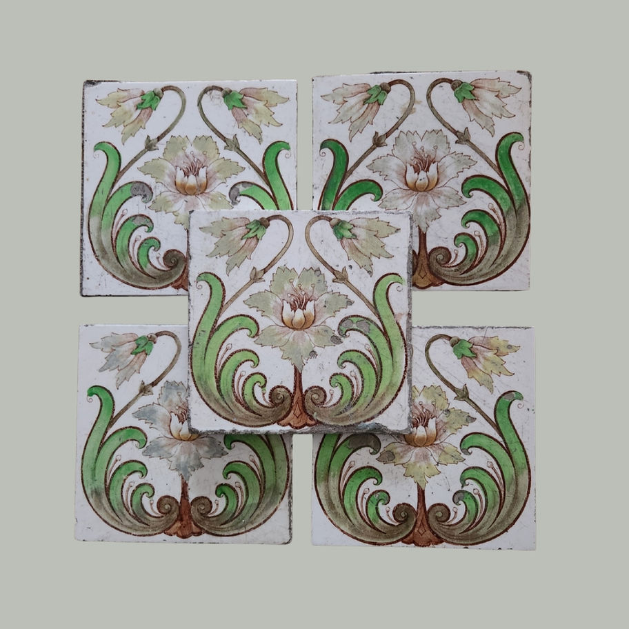 Set of 5 Antique Art Nouveau Floral Tiles Henry Richards Tile Co. (HRT & Co)