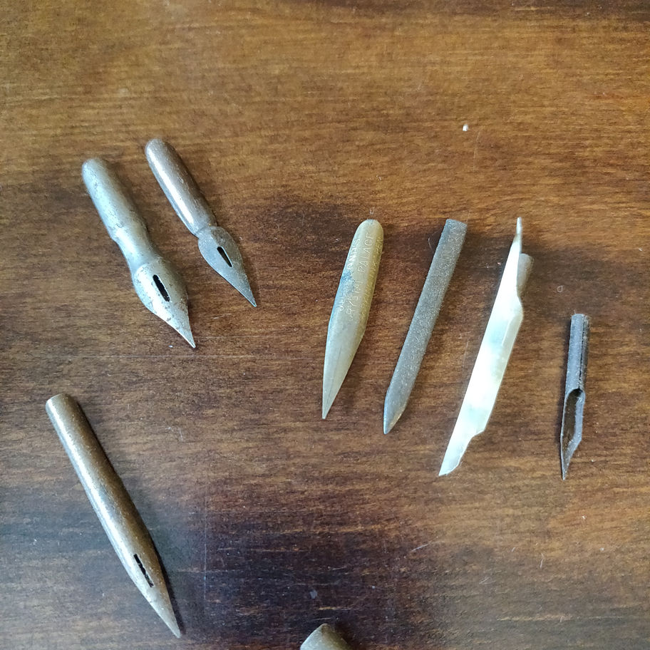 Vintage small tin skerfiercer? Fasteners full of George w Hughes pen nibs