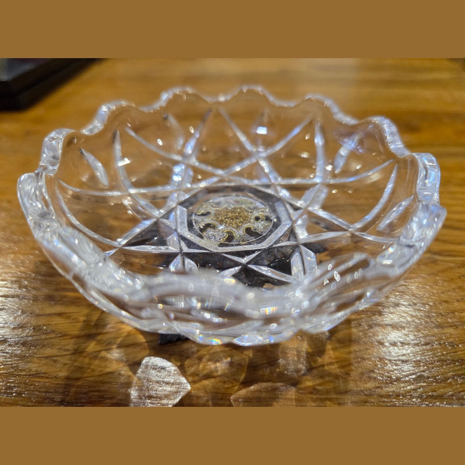 Vintage Cut Glass Trinket Dish with Ornate Filigree Metal Mount – Mid-Century