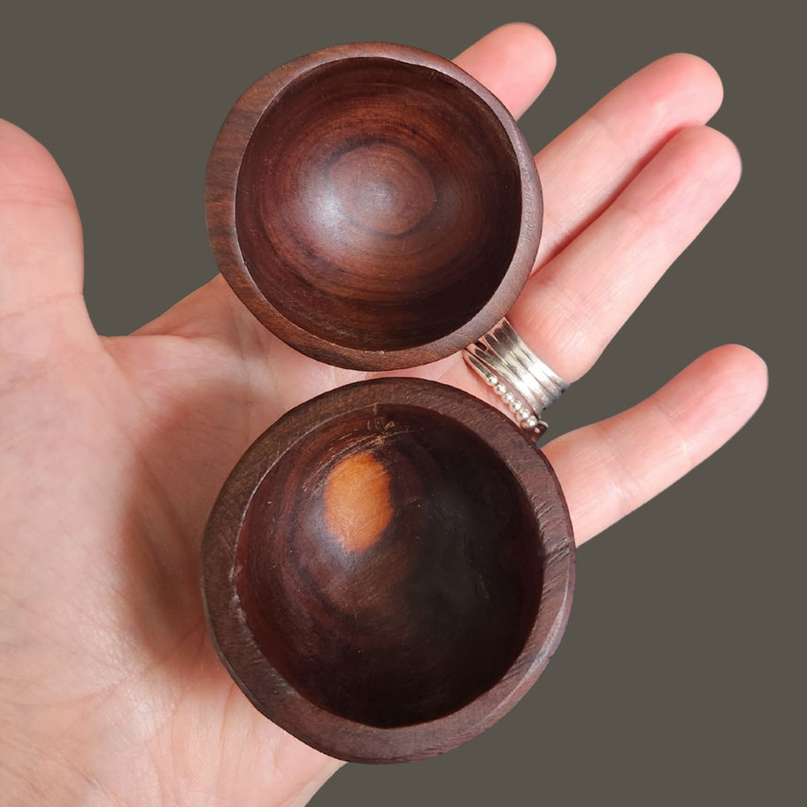 Vintage Pair of Hand-Carved Miniature Wooden Bowls Mid-Century Folk Art Trinkets