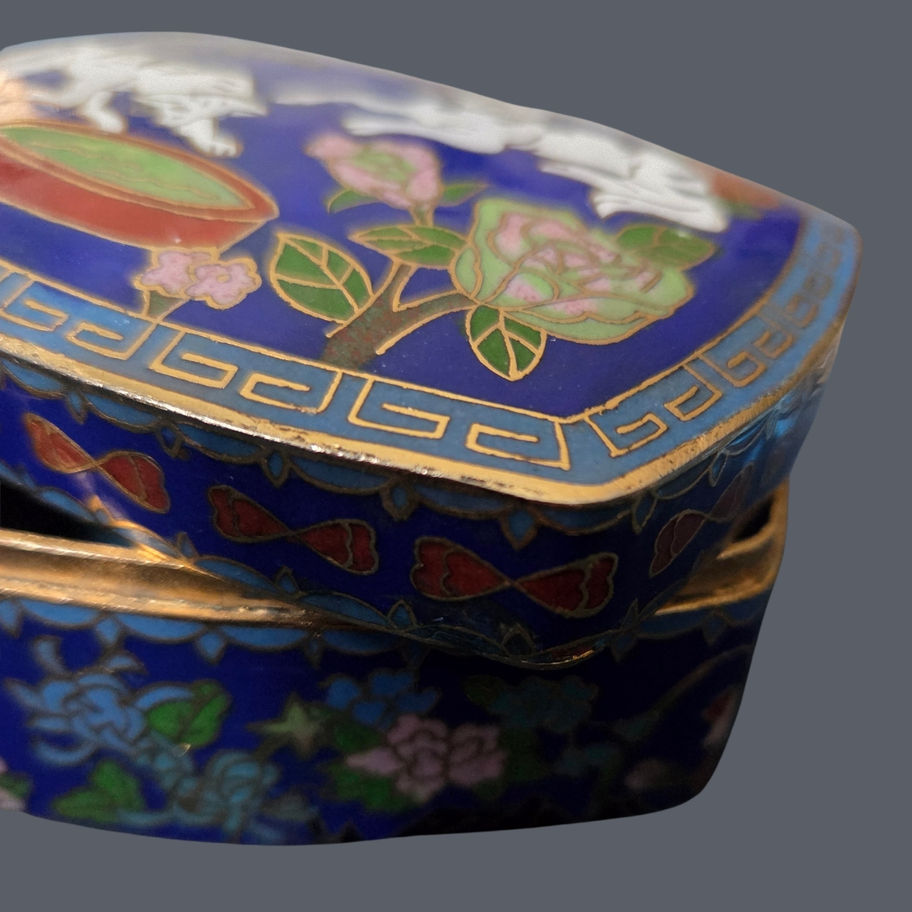 Vintage Chinese Cloisonné Enamel Trinket Box – Blue Ground with Dogs & Flowers