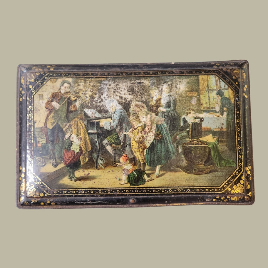 Antique Lithographed Tin Box with Dutch Golden Age Musical Scenes with key