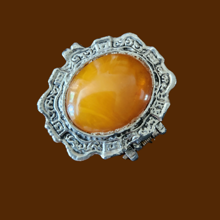 Vintage Ornate Trinket Box with Faux Amber Cabochon Lid Rococo Style Pill Box