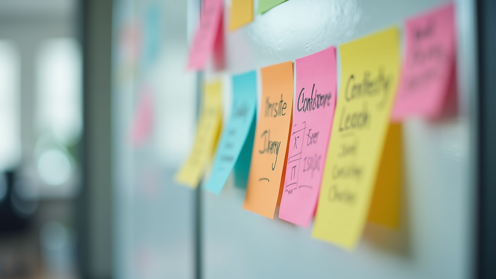 Close-up view of a whiteboard with colourful sticky notes and conflict resolution strategies