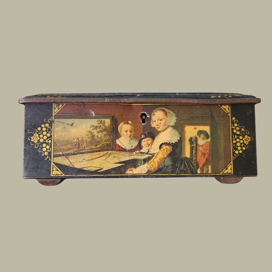 Antique Lithographed Tin Box with Dutch Golden Age Musical Scenes with key