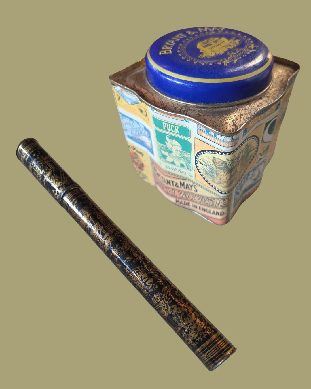 Vintage Bryant & May Advertising Lot – Wax Tapers Tube with Contents & Swan Tin