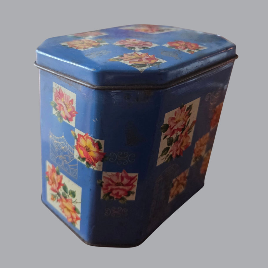 Vintage 1950s Blue Floral Confectionery Tin with Hinged Lid