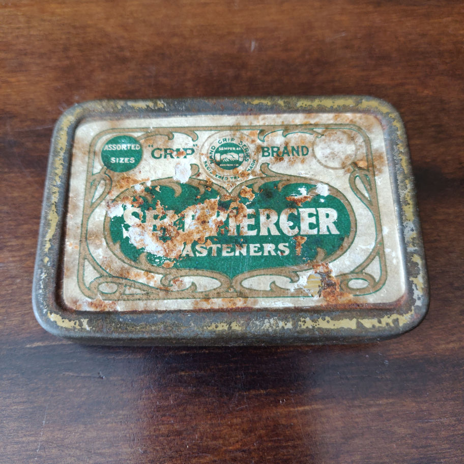 Vintage small tin skerfiercer? Fasteners full of George w Hughes pen nibs