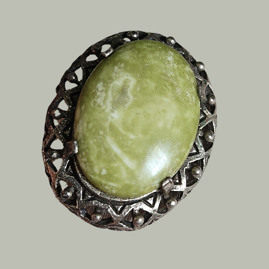 Vintage Miracle Brooch with Green Glass "Jade" Cabochon