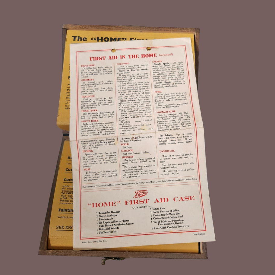 Vintage Boots Home First Aid Case Wooden First Aid Box with Original Content