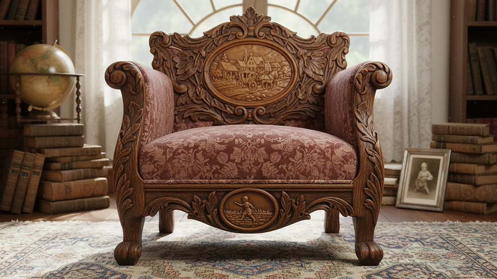 Eye-level view of a vintage wooden chair with intricate carvings
