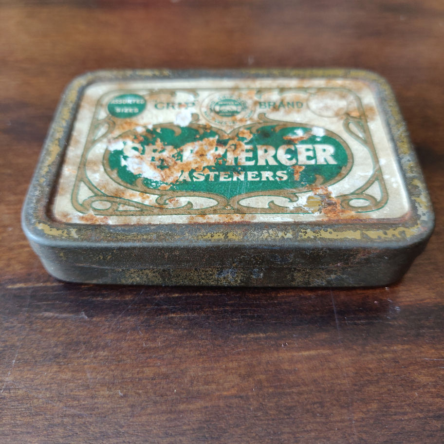 Vintage small tin skerfiercer? Fasteners full of George w Hughes pen nibs