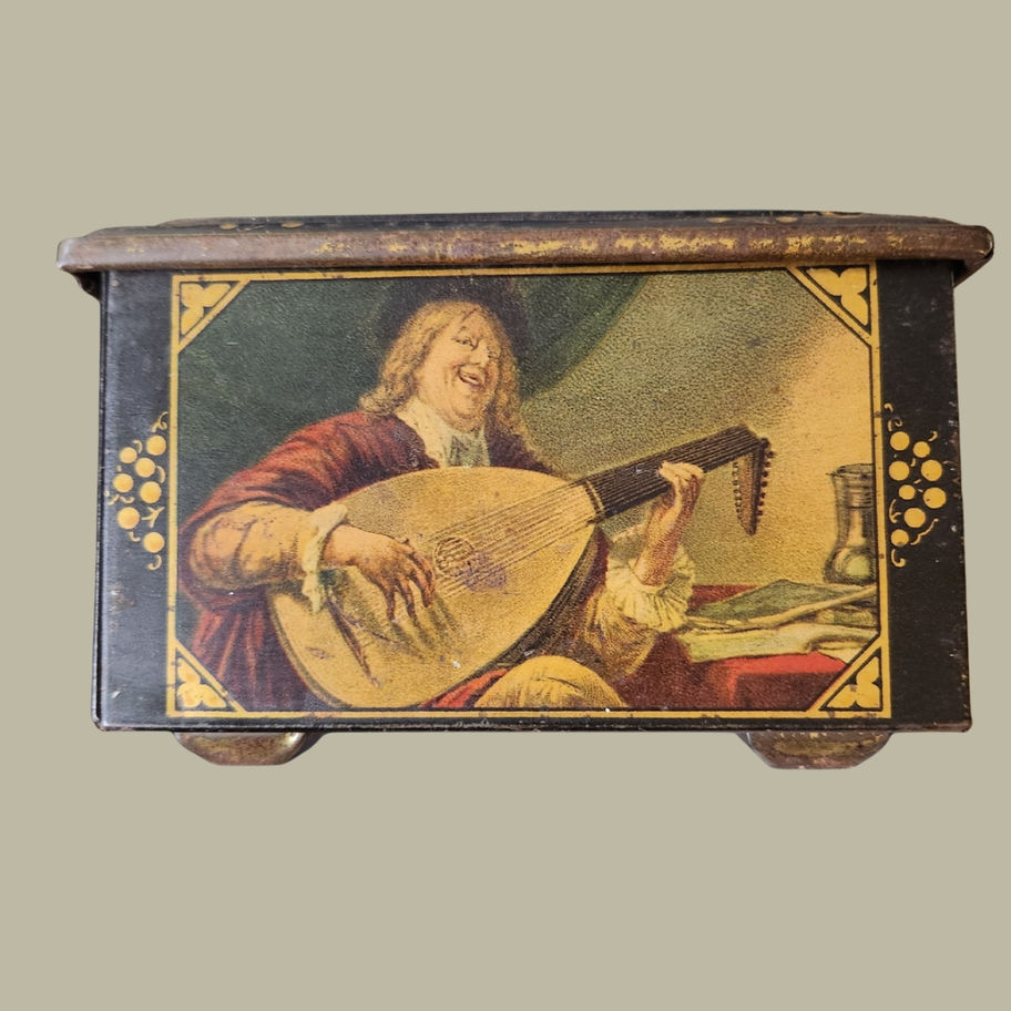 Antique Lithographed Tin Box with Dutch Golden Age Musical Scenes with key