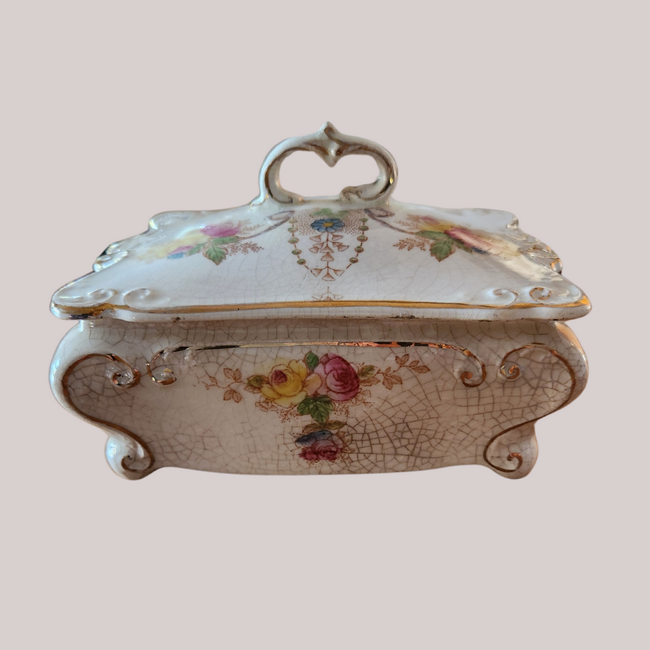 Antique S. Fielding & Co. Royal Rensburg Devon Ware Trinket Box Floral & Gil