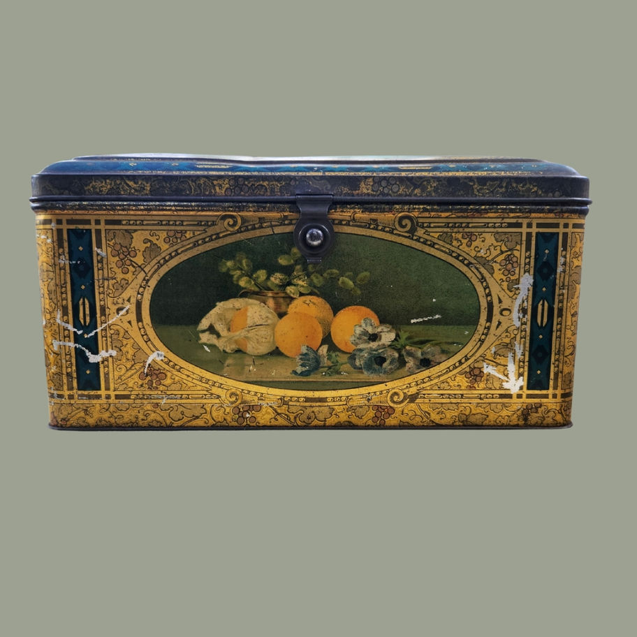 Antique Victorian Biscuit Tin with Fruit Still Life Design c.1890–1910