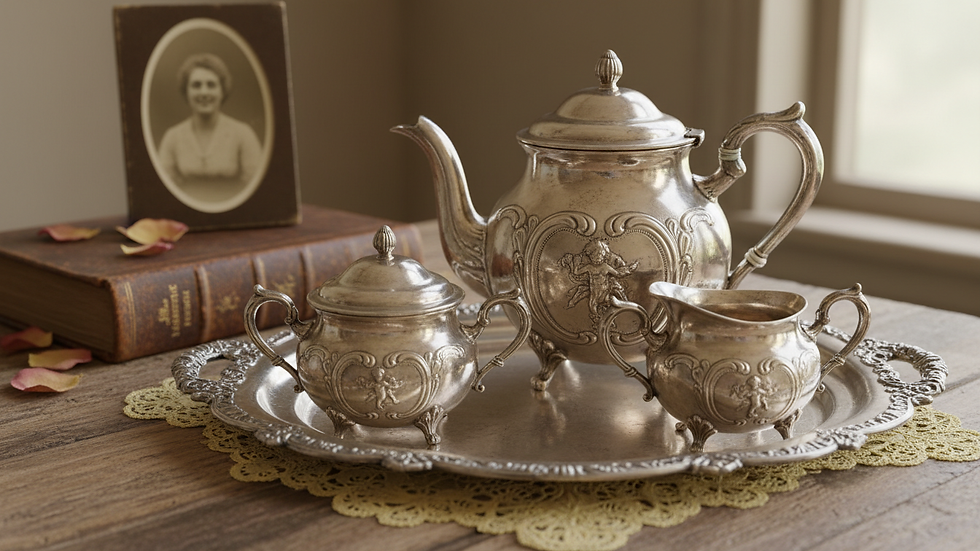Close-up view of a vintage silver tea set displayed on a wooden table