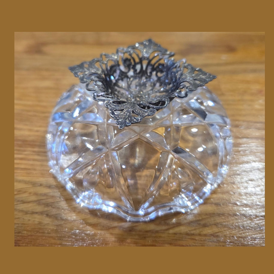 Vintage Cut Glass Trinket Dish with Ornate Filigree Metal Mount – Mid-Century