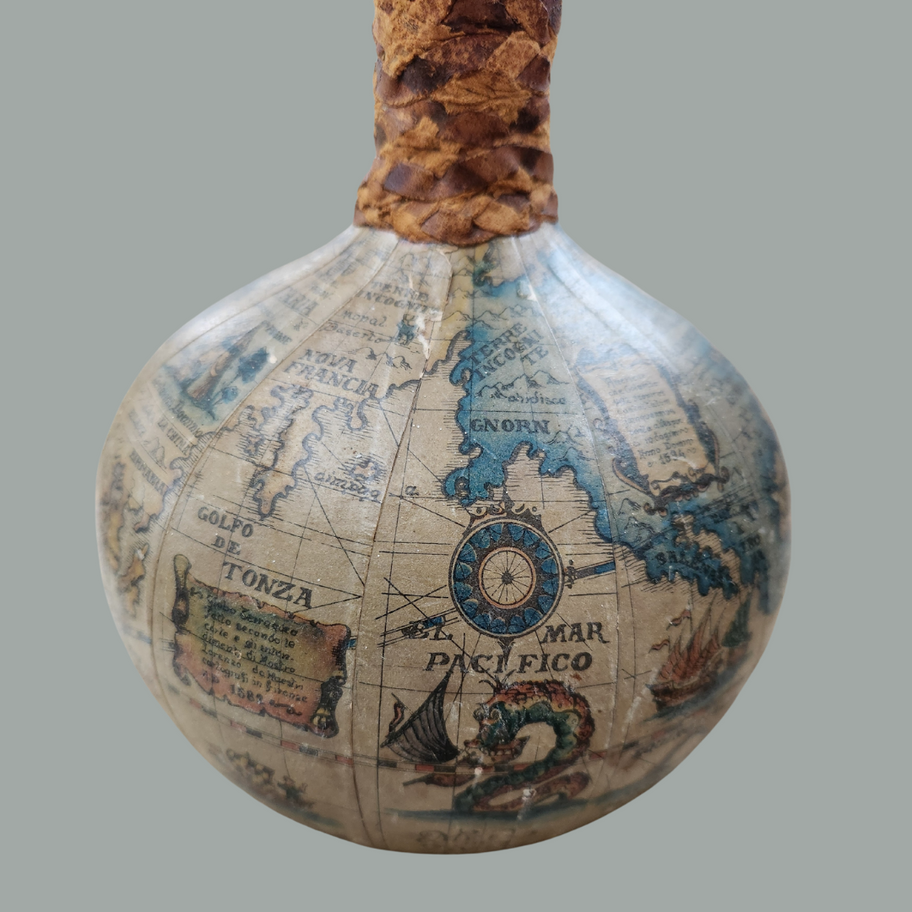 Vintage World Map Globe Decanter Made in Italy Leather Wrapped