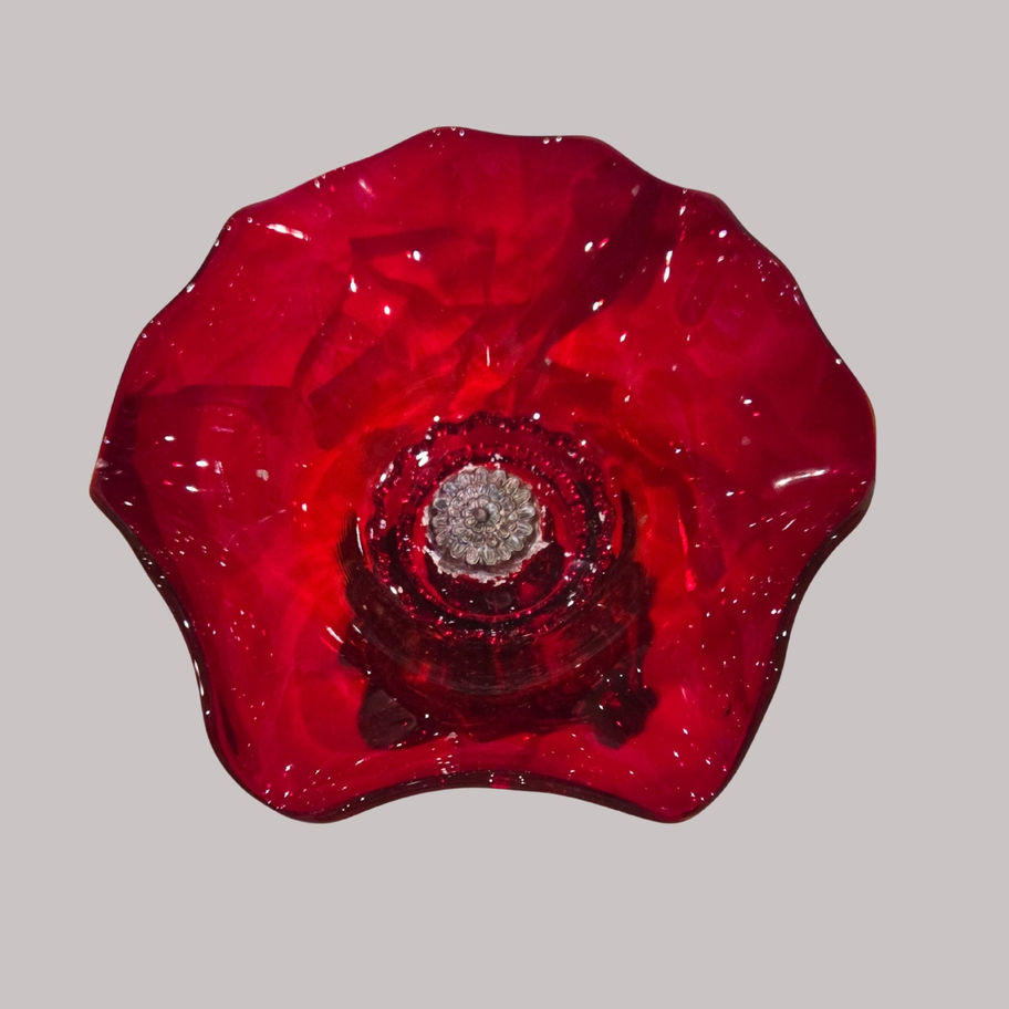 Antique Victorian or Edwardian Ruby Red Art Glass Comport with Ornate Metal Base