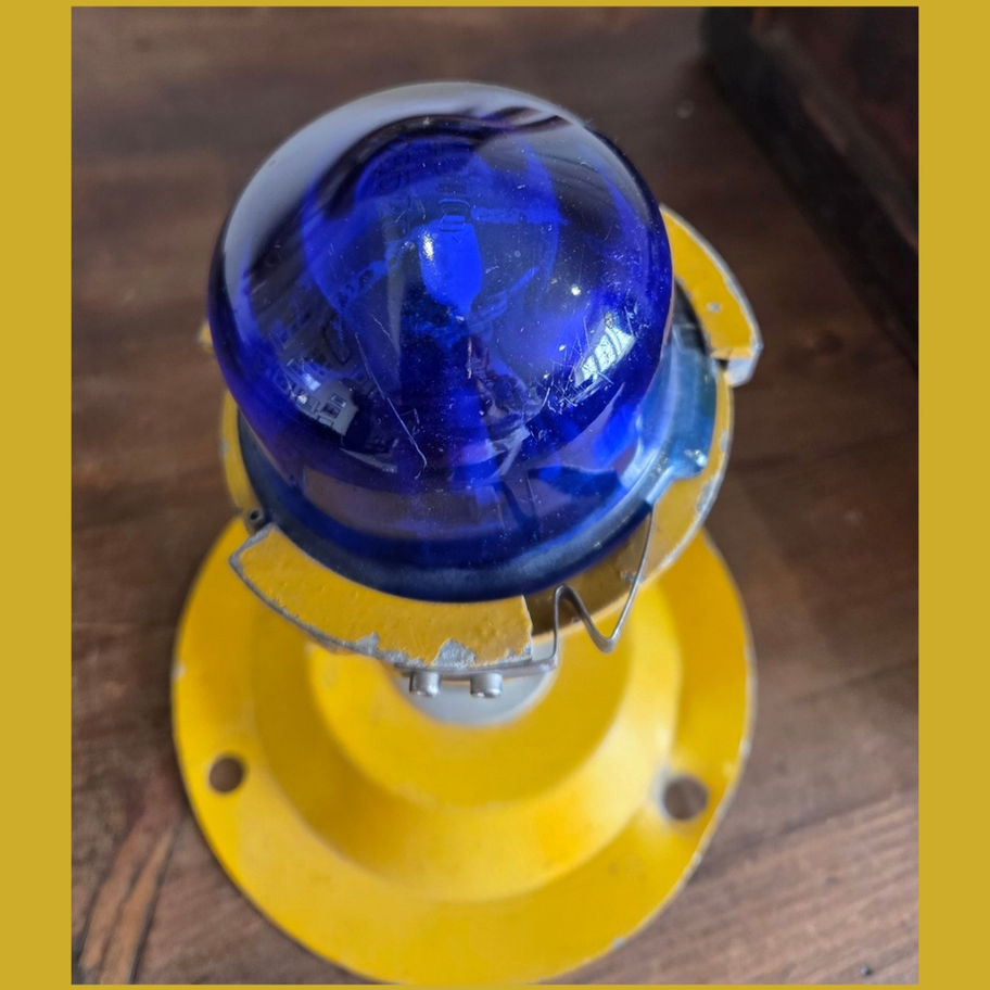 Vintage Salvaged Airfield Taxiway Edge Light with Blue Glass Dome