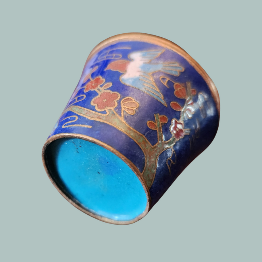 Vintage Chinese Cloisonné Lidded Trinket Pot Blue Enamel with Floral & Bird