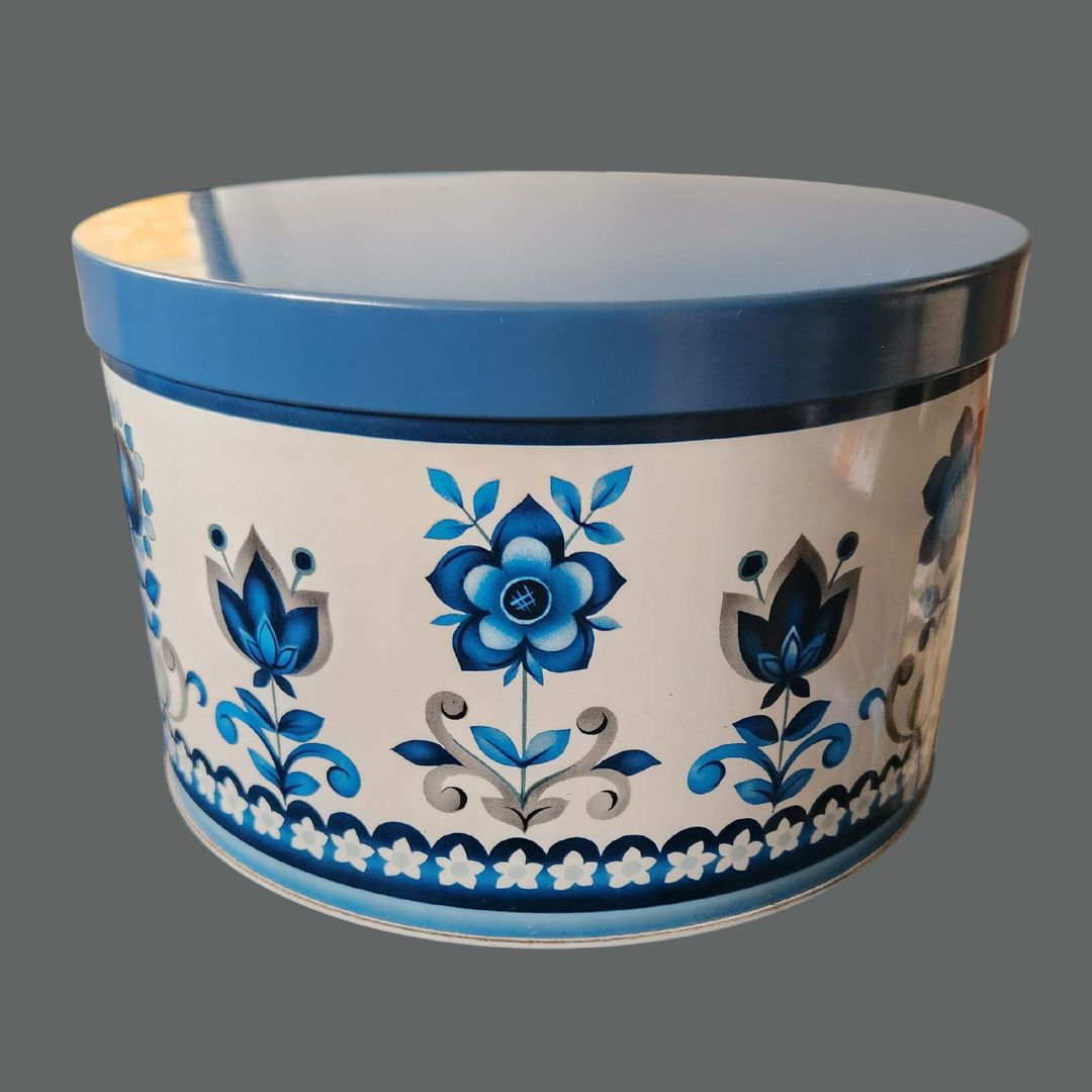 Large Vintage Blue & White Floral Storage Tin Mid-Century Scandinavian Style